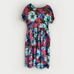Vintage Reyn Spooner Hawaiian Tropical Floral Hibiscus Print Rayon Dress "P"